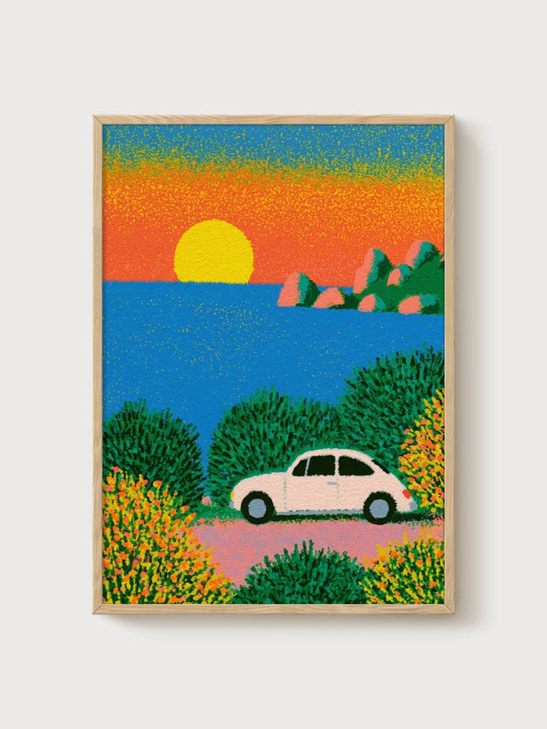 Retro Sunset Car Poster poster in oak frame