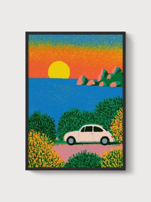 Retro Sunset Car Poster poster in black frame