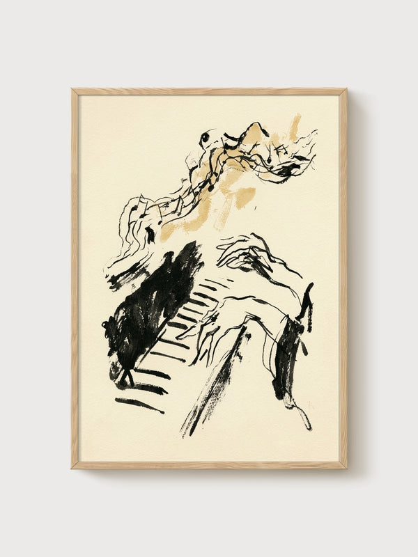Piano Player Line Art Print poster in oak frame