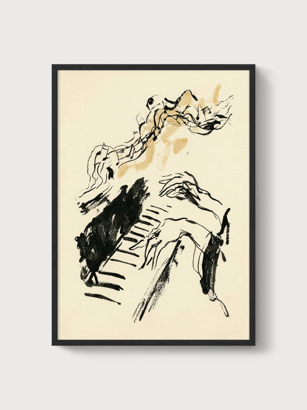 Piano Player Line Art Print poster in black frame