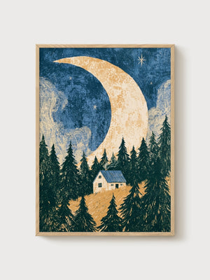 Crescent Moon Print poster in oak frame