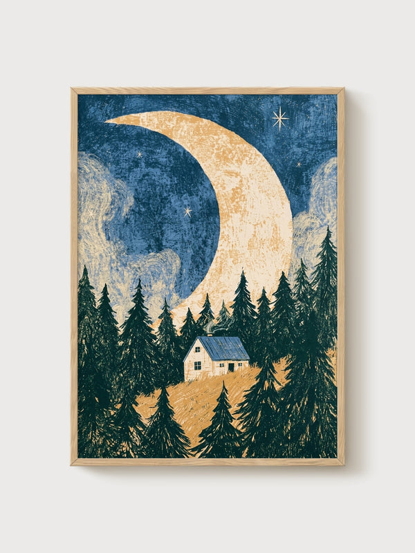 Crescent Moon Print poster in oak frame