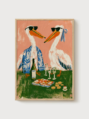 Pelicans Wine Picnic Poster poster in oak frame