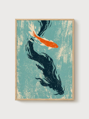 Koi Fish Wall Art poster in oak frame