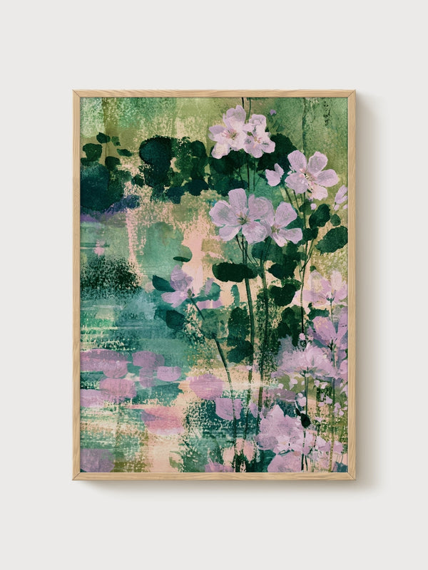 Watercolor Flowers Print poster in oak frame