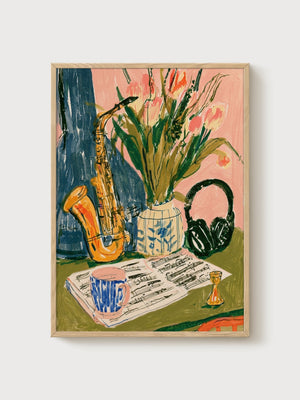 Music Poster with Saxophone and Tulips poster in oak frame
