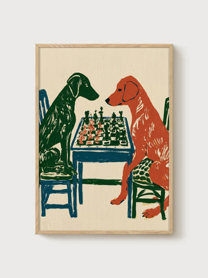 Dog Painting Chess Wall Art poster in oak frame