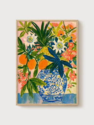Watercolor Flowers Print poster in oak frame
