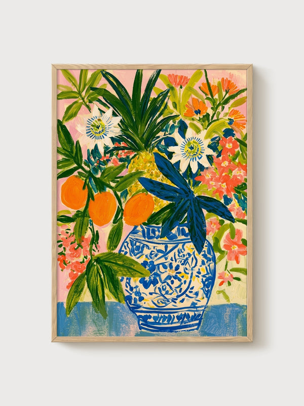 Watercolor Flowers Print poster in oak frame