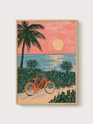 Retro Beach Sunset Poster poster in oak frame