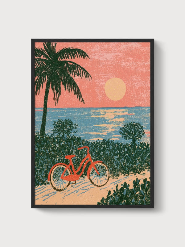 Retro Beach Sunset Poster poster in black frame