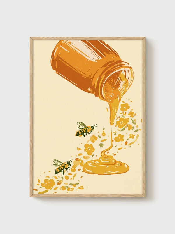 Boho Wall Decor Honey Jar Bee Print poster in oak frame