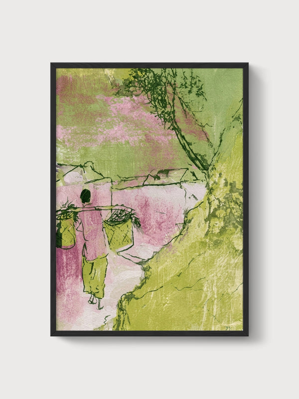 Woman Carrying Garden Baskets Watercolor Painting poster in black frame