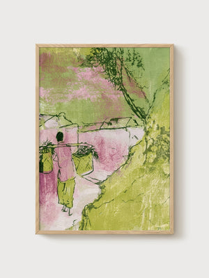 Woman Carrying Garden Baskets Watercolor Painting poster in oak frame