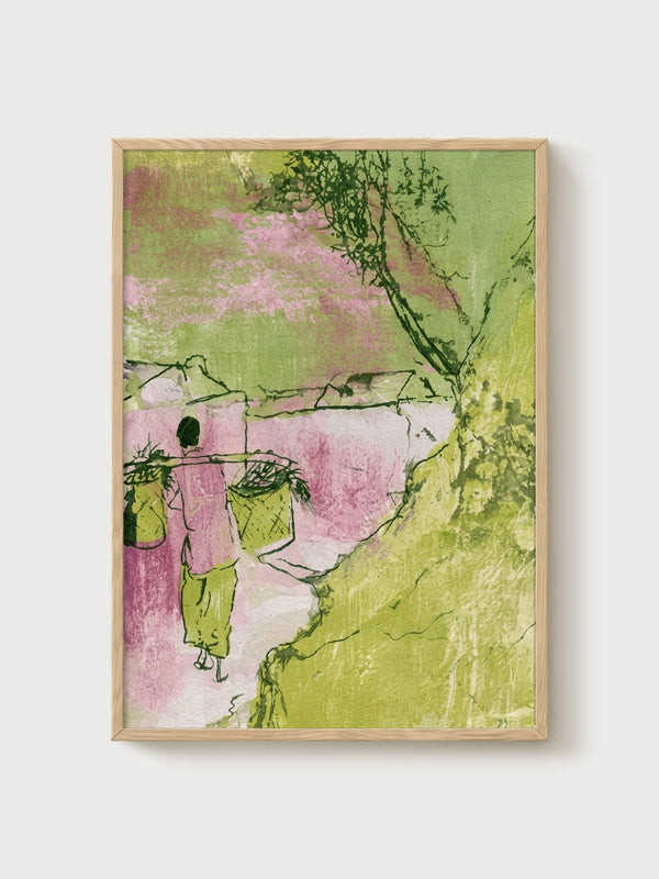 Woman Carrying Garden Baskets Watercolor Painting poster in oak frame