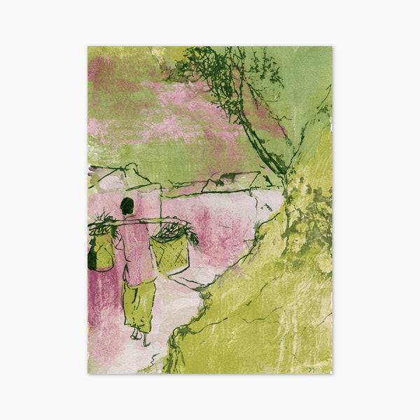 Woman Carrying Garden Baskets Watercolor Painting art print