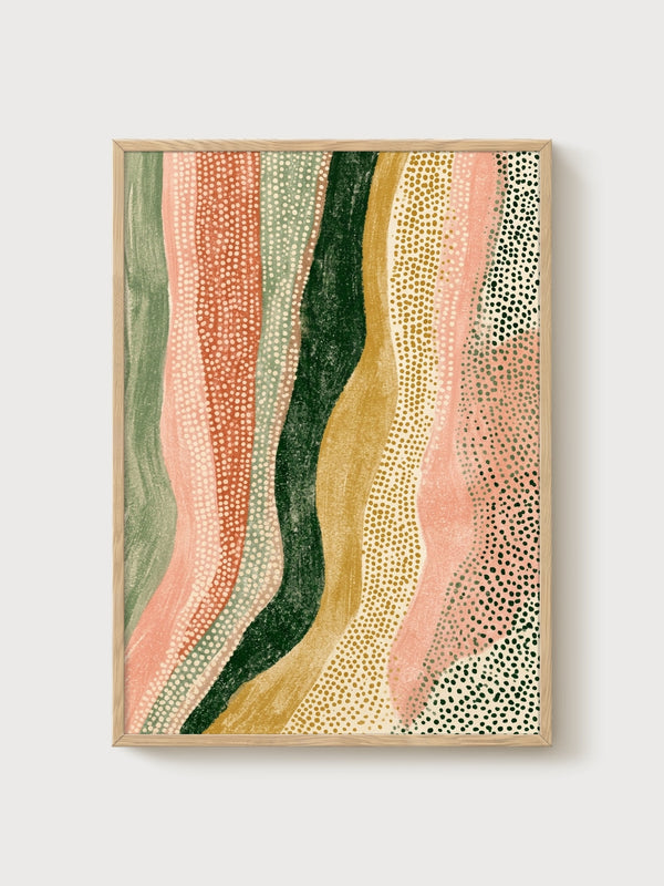Abstract Wavy Landscape Art poster in oak frame
