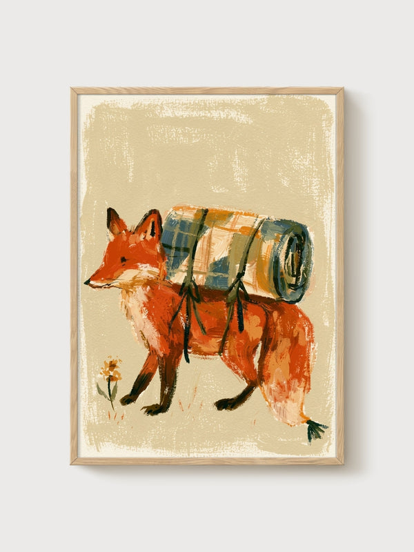 Fox Art Print poster in oak frame