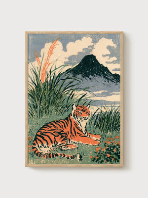 Tiger Woodblock Print poster in oak frame