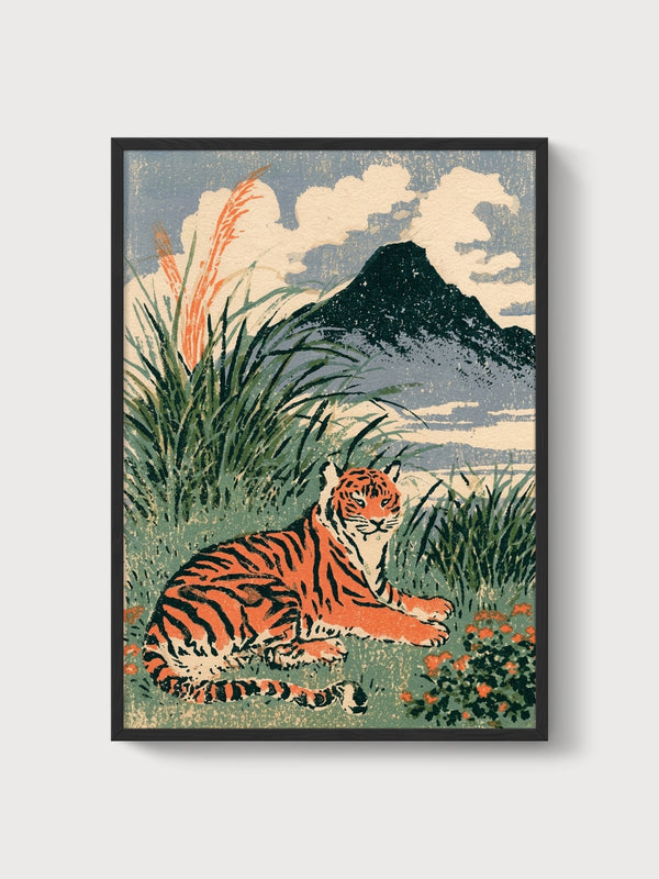 Tiger Woodblock Print poster in black frame