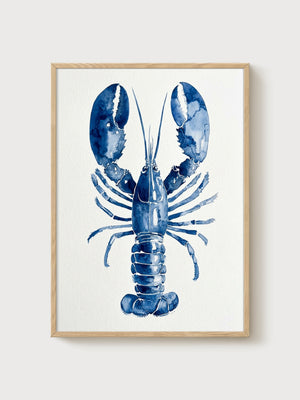Blue Watercolor Lobster Print poster in oak frame