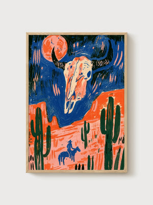 Cow Skull Desert Wall Art poster in oak frame