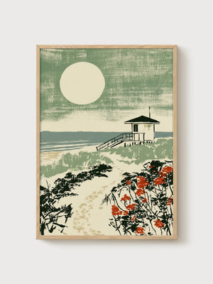 Moon Over Beach House Print poster in oak frame