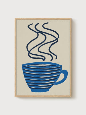 Blue Coffee Cup Steam Poster poster in oak frame