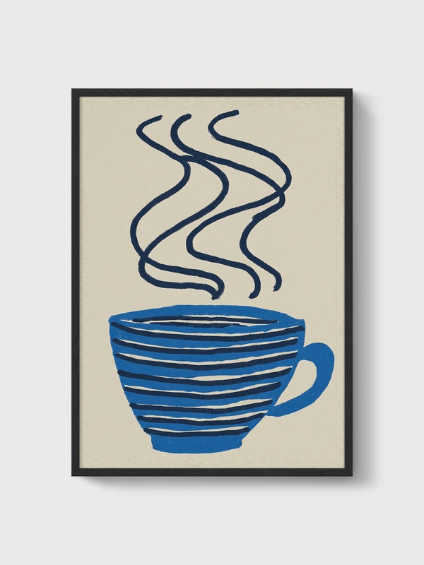 Blue Coffee Cup Steam Poster poster in black frame