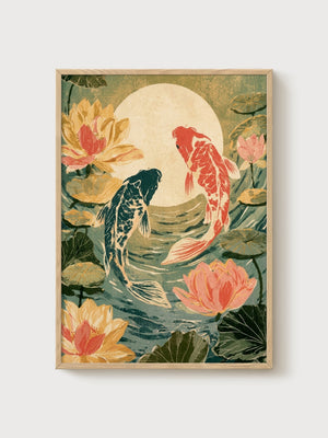 Koi Fish Wall Art poster in oak frame