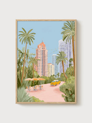 Miami Art Deco Skyline Print poster in oak frame