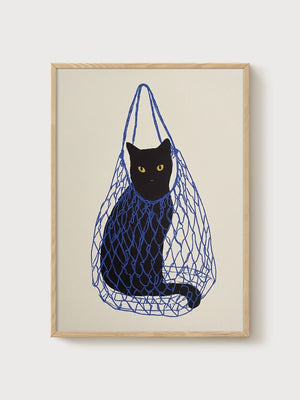 Black Cat Art Print poster in oak frame