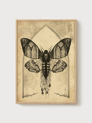 Gothic Moth Wall Art poster in oak frame
