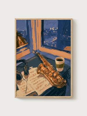 Jazz Saxophone Night Window Poster poster in oak frame