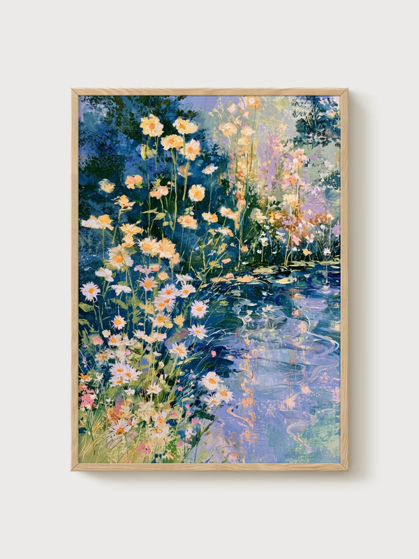 Watercolor Daisies Print poster in oak frame