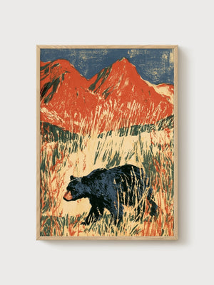 Vintage Black Bear Wall Art poster in oak frame