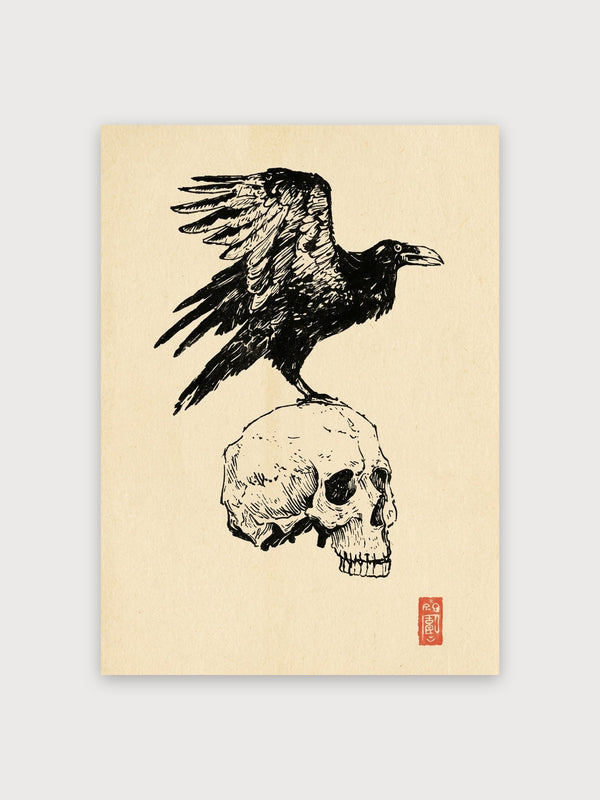 Raven On Skull Line Art - Digital Download