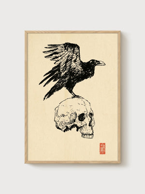 Raven Bird Skull Line Art Print poster in oak frame