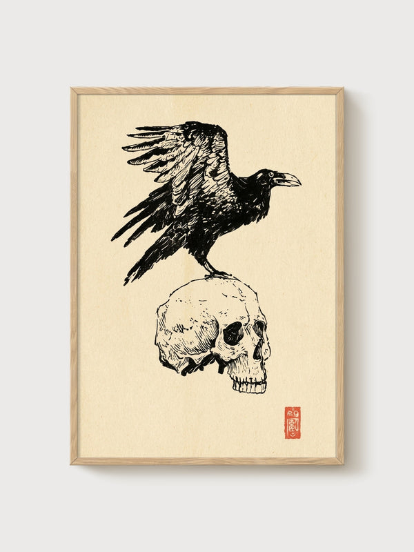 Raven Bird Skull Line Art Print poster in oak frame