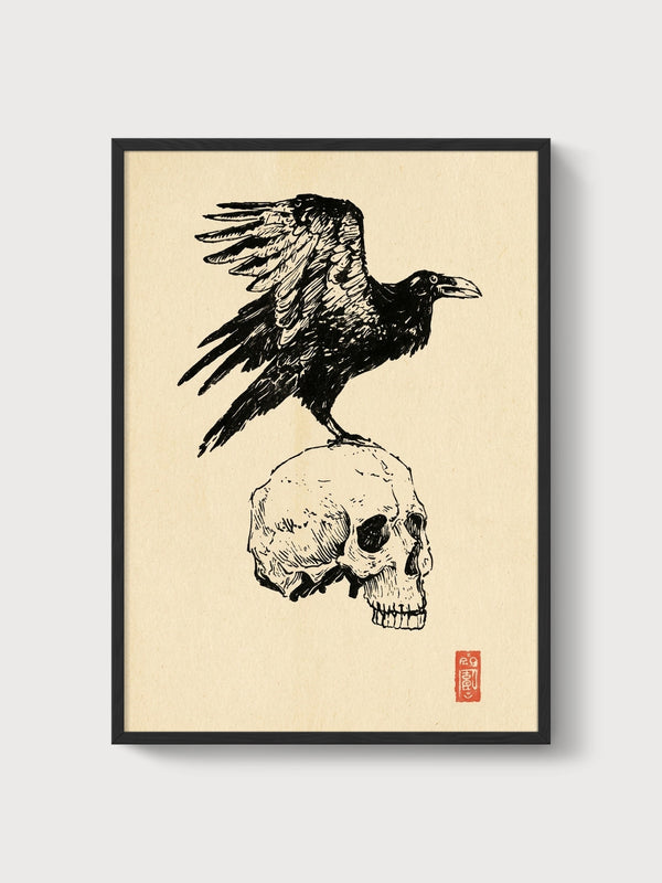 Raven Bird Skull Line Art Print poster in black frame