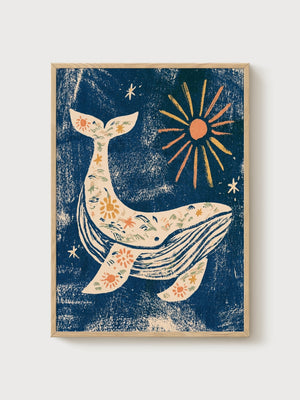 Whimsical Whale Ocean Art poster in oak frame