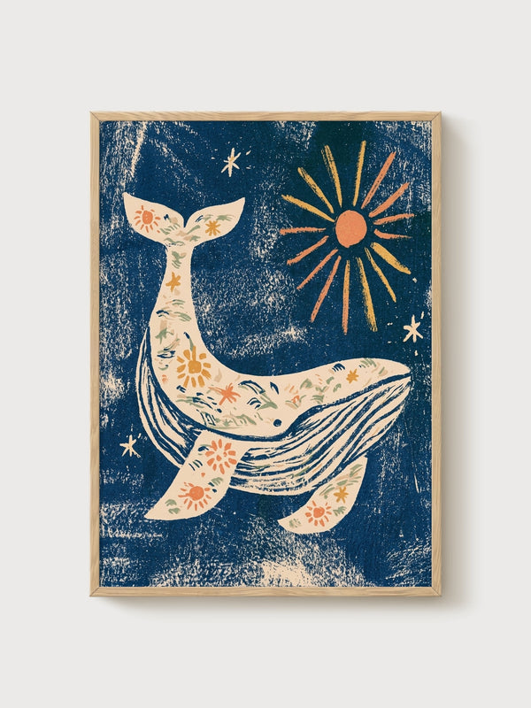 Whimsical Whale Ocean Art poster in oak frame