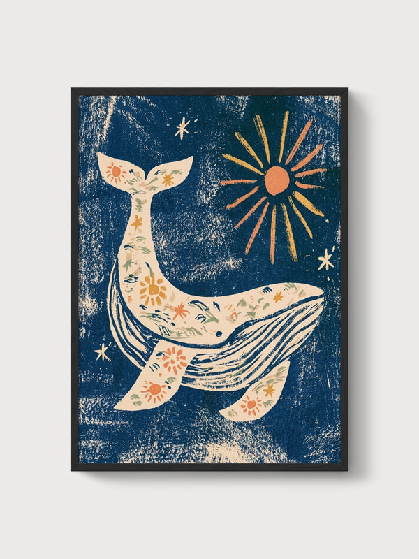 Whimsical Whale Ocean Art poster in black frame
