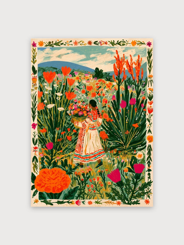Folk Art Woman Wildflower Field - Digital Download