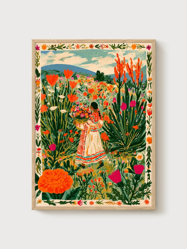 Flower Market Print poster in oak frame