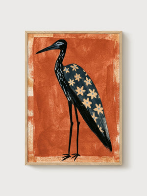 Heron Wall Art poster in oak frame
