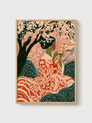 Japanese Woman Tea Ceremony Print poster in oak frame
