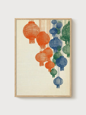 Chinese Lantern Wall Art poster in oak frame