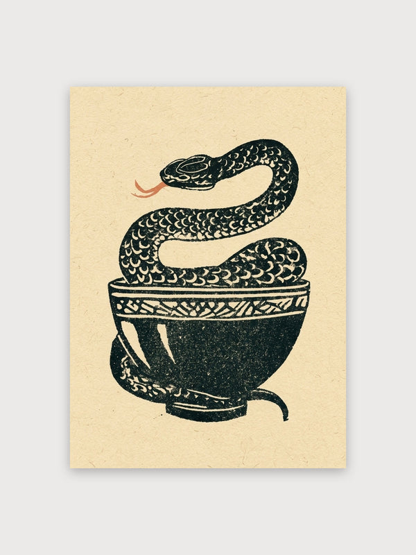 Snake and Bowl Woodblock Print - Digital Download