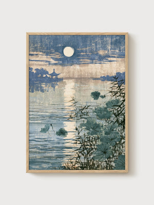 Moonlit Lotus Pond Print poster in oak frame